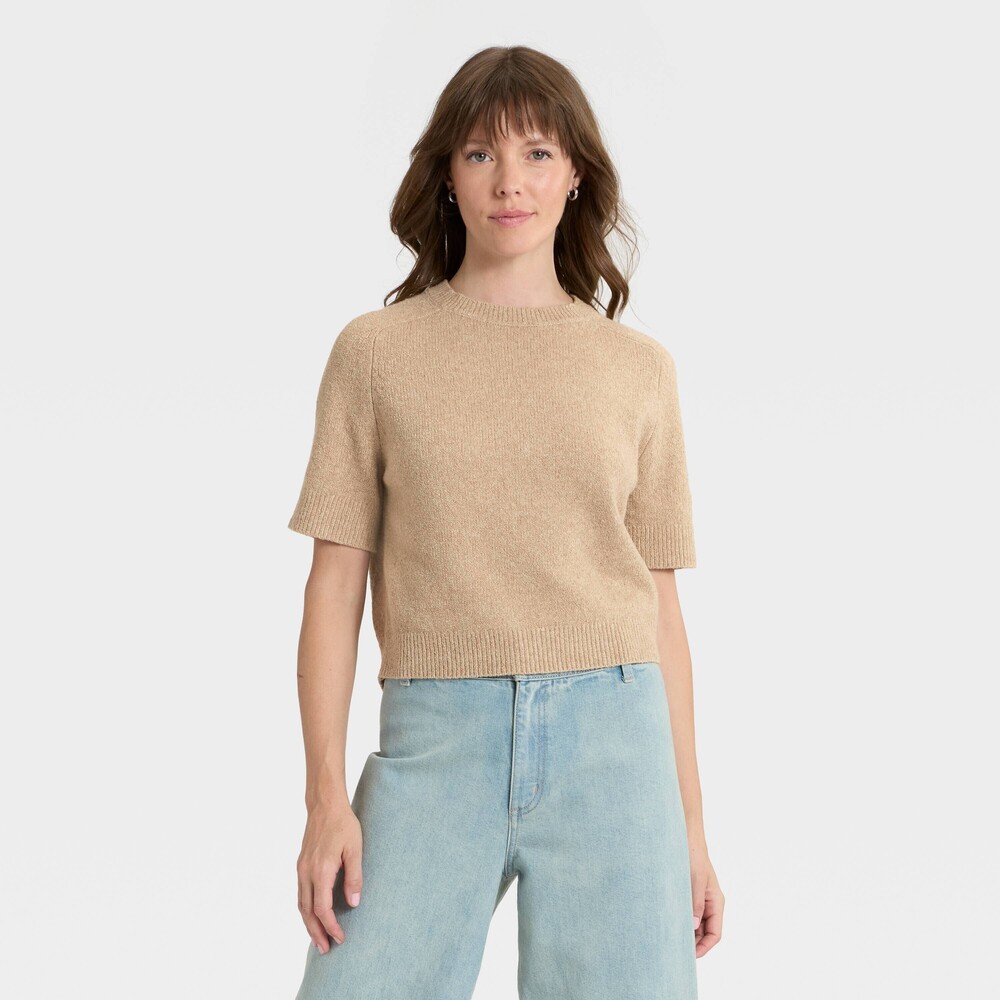 NWT Universal Thread Short Sleeve Crew Neck Pullover Sweater - Tan L